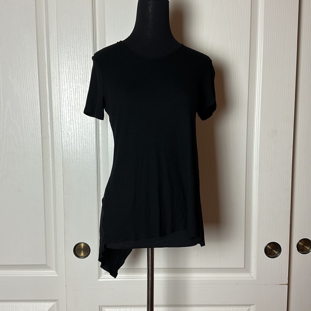 CHEAP MONDAY ASYMMETRICAL BLACK RIBBED SHORT SLEEVE OPEN SLIT BACK BASIC TEE
